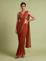Rust deep orange satin ready-to-wear saree