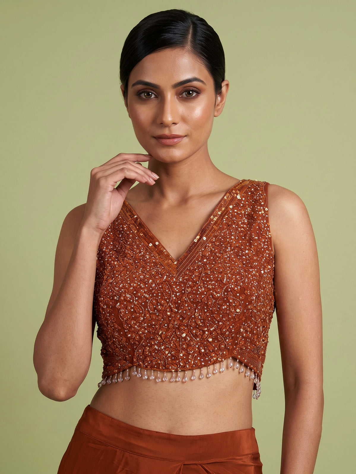 Rust deep orange satin ready-to-wear saree