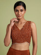 Rust deep orange satin ready-to-wear saree