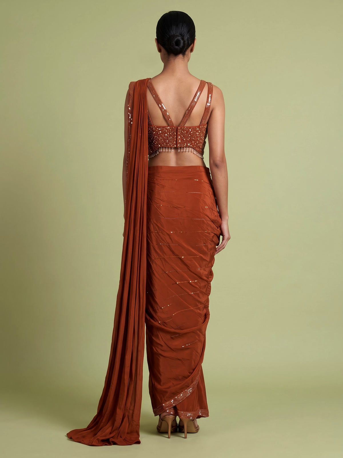 Rust deep orange satin ready-to-wear saree