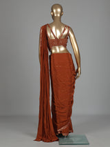 Rust deep orange satin ready-to-wear saree