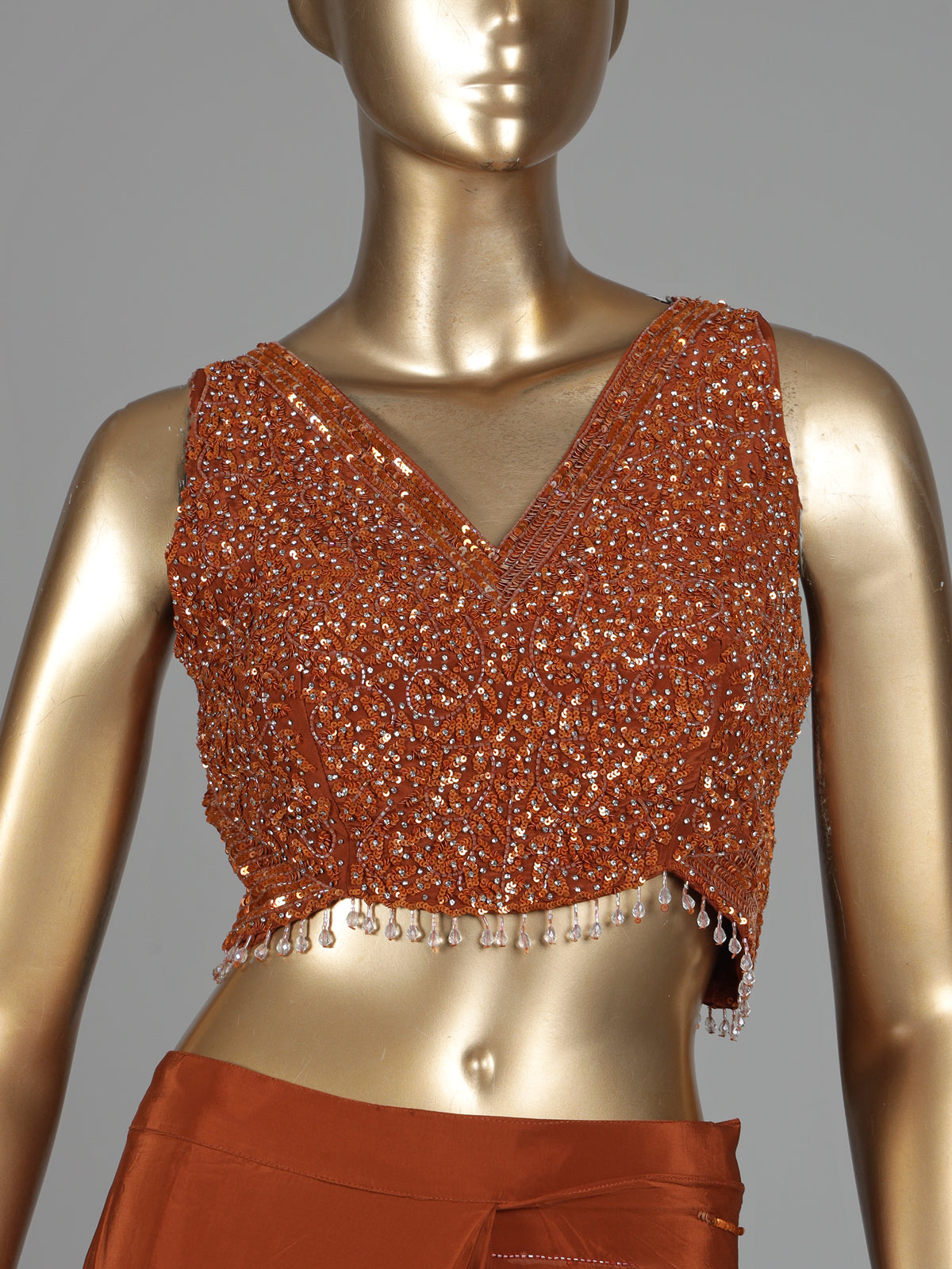 Rust deep orange satin ready-to-wear saree