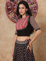 Black printed aabla work boat neck elbow sleeve blouse design