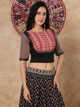 Black printed aabla work boat neck elbow sleeve blouse design