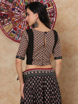 Black printed aabla work boat neck elbow sleeve blouse design