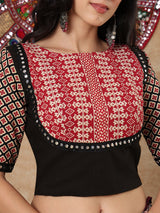Black printed aabla work boat neck elbow sleeve blouse design