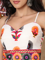 White colorful thread mirror work sweetheart sleeveless blouse design