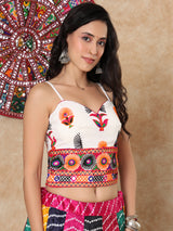 White colorful thread mirror work sweetheart sleeveless blouse design