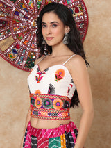 White colorful thread mirror work sweetheart sleeveless blouse design