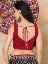 Maroon printed cotton sweetheart sleeveless back open blouse design