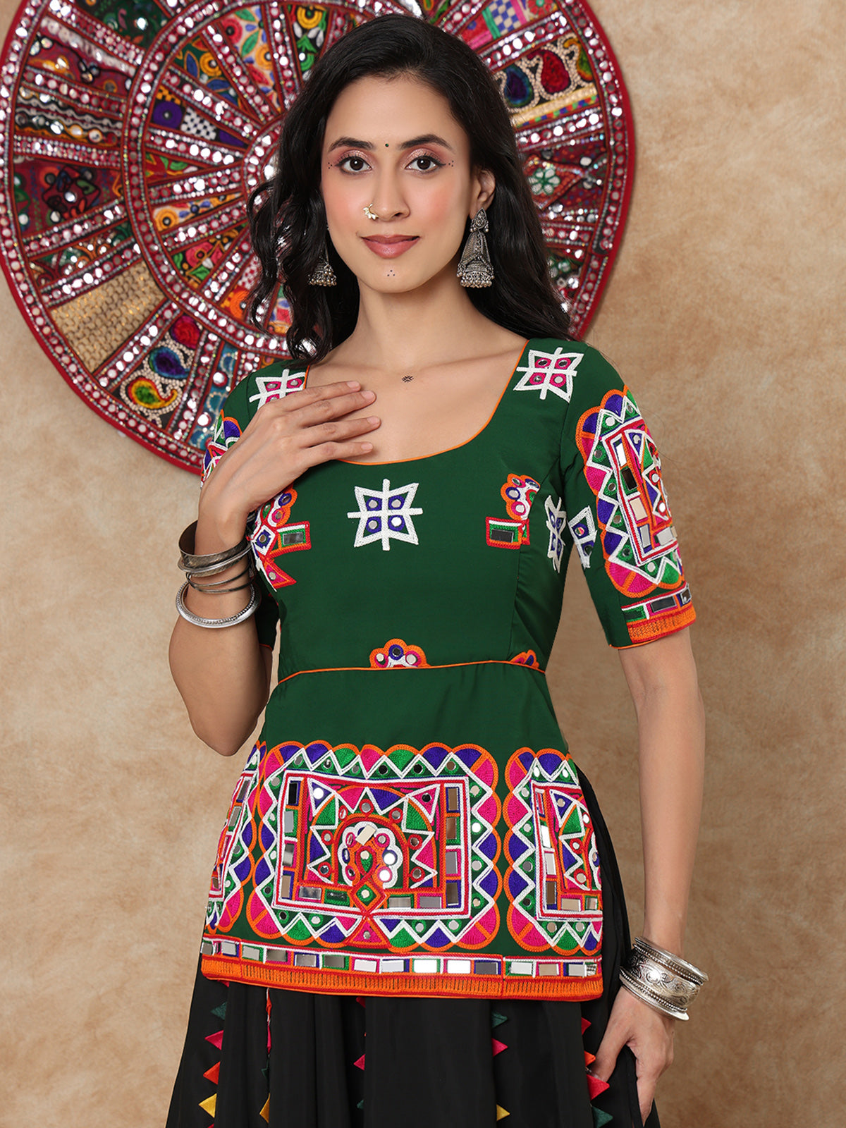Green thread mirror work round neck elbow sleeve blouse design
