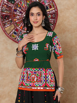 Green thread mirror work round neck elbow sleeve blouse design