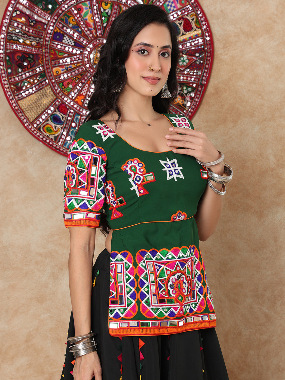 Green thread mirror work round neck elbow sleeve blouse design