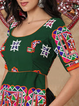 Green thread mirror work round neck elbow sleeve blouse design