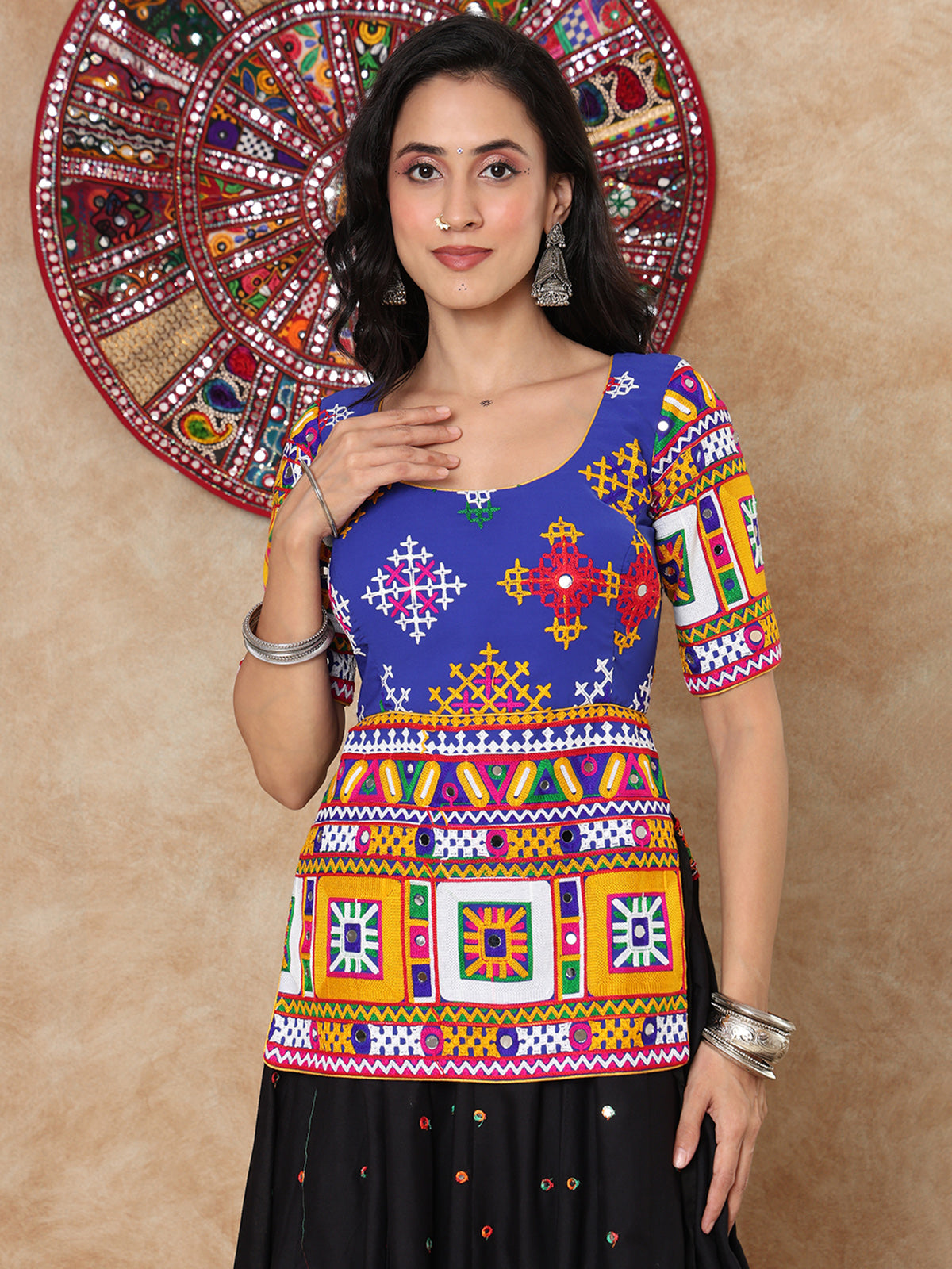Blue thread mirror work round neck elbow sleeve blouse design