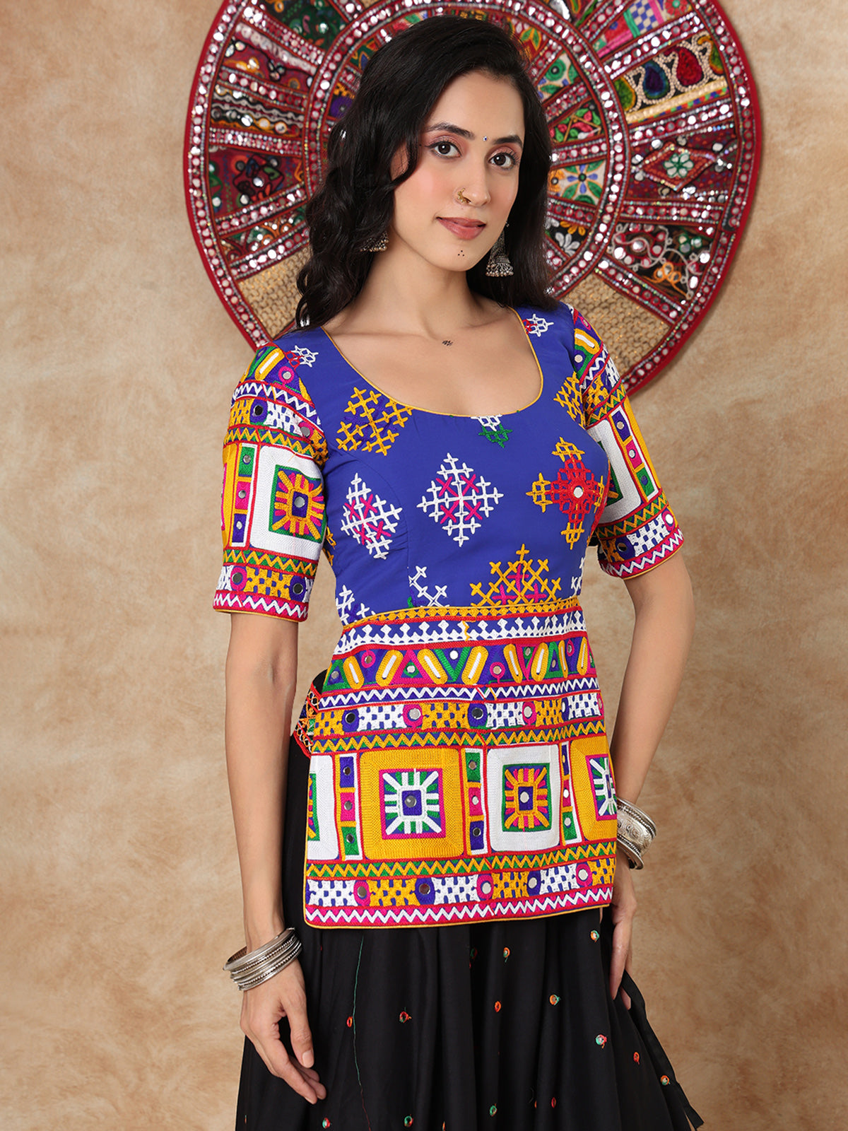 Blue thread mirror work round neck elbow sleeve blouse design