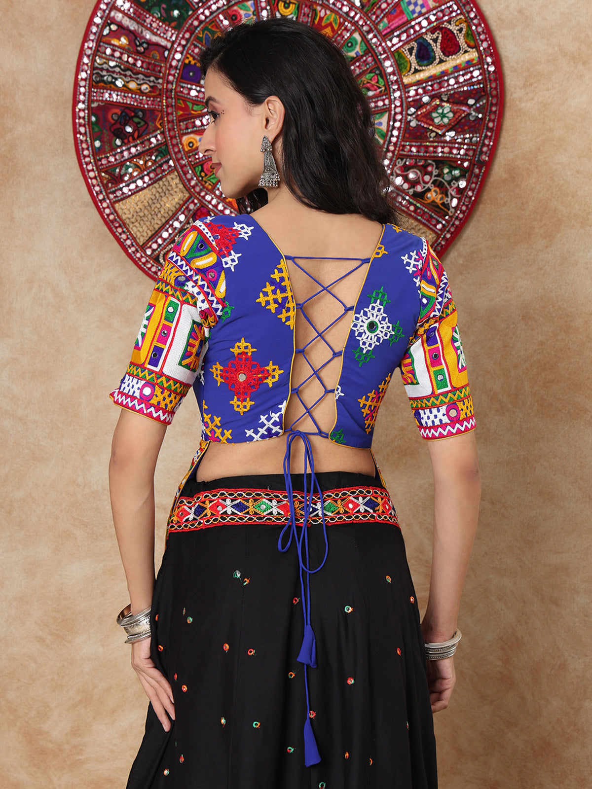 Blue thread mirror work round neck elbow sleeve blouse design