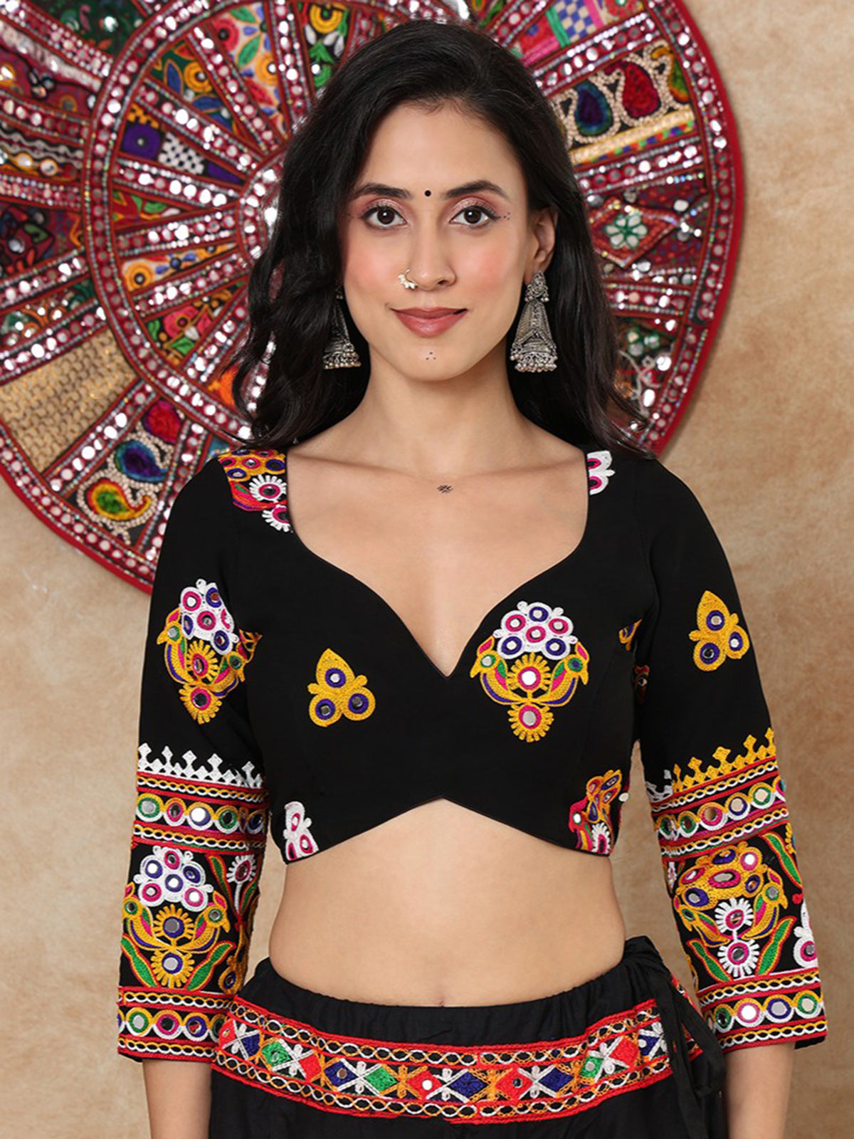 Black georgette thread mirror work sweetheart quarter sleeve blouse