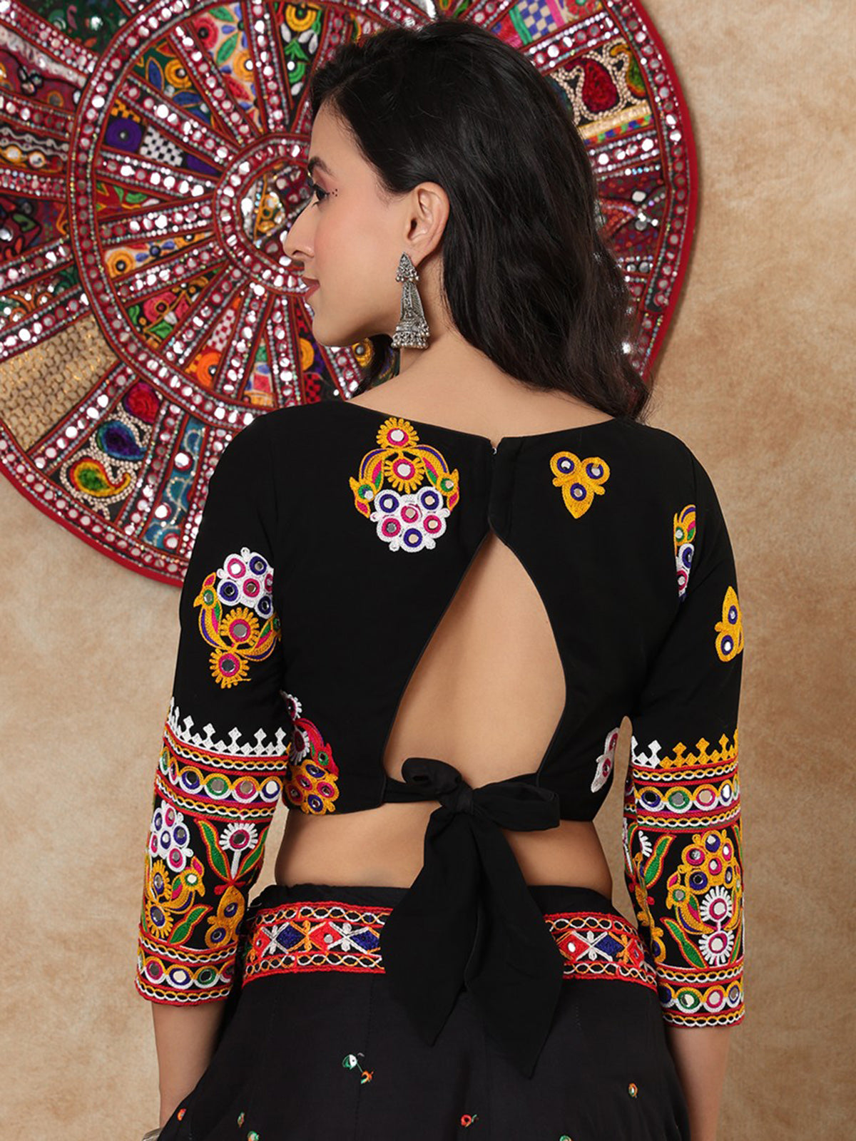 Black georgette thread mirror work sweetheart quarter sleeve blouse