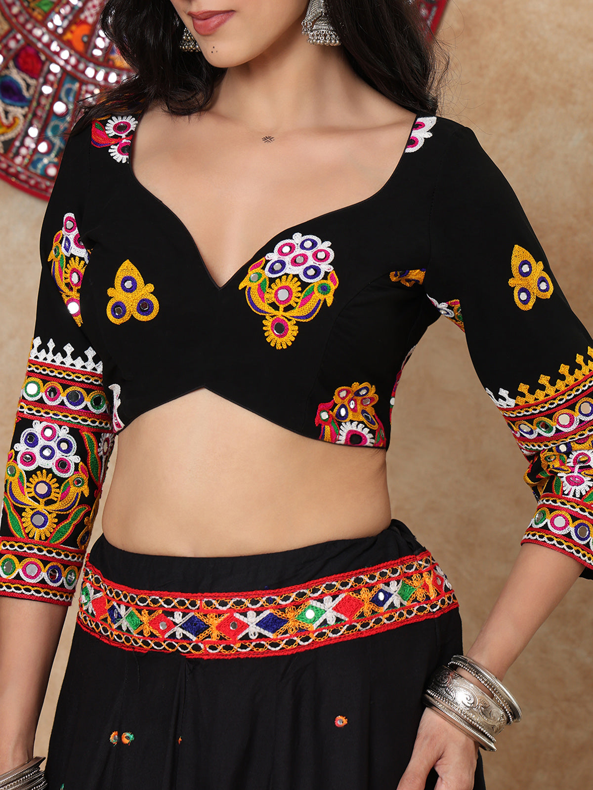 Black georgette thread mirror work sweetheart quarter sleeve blouse