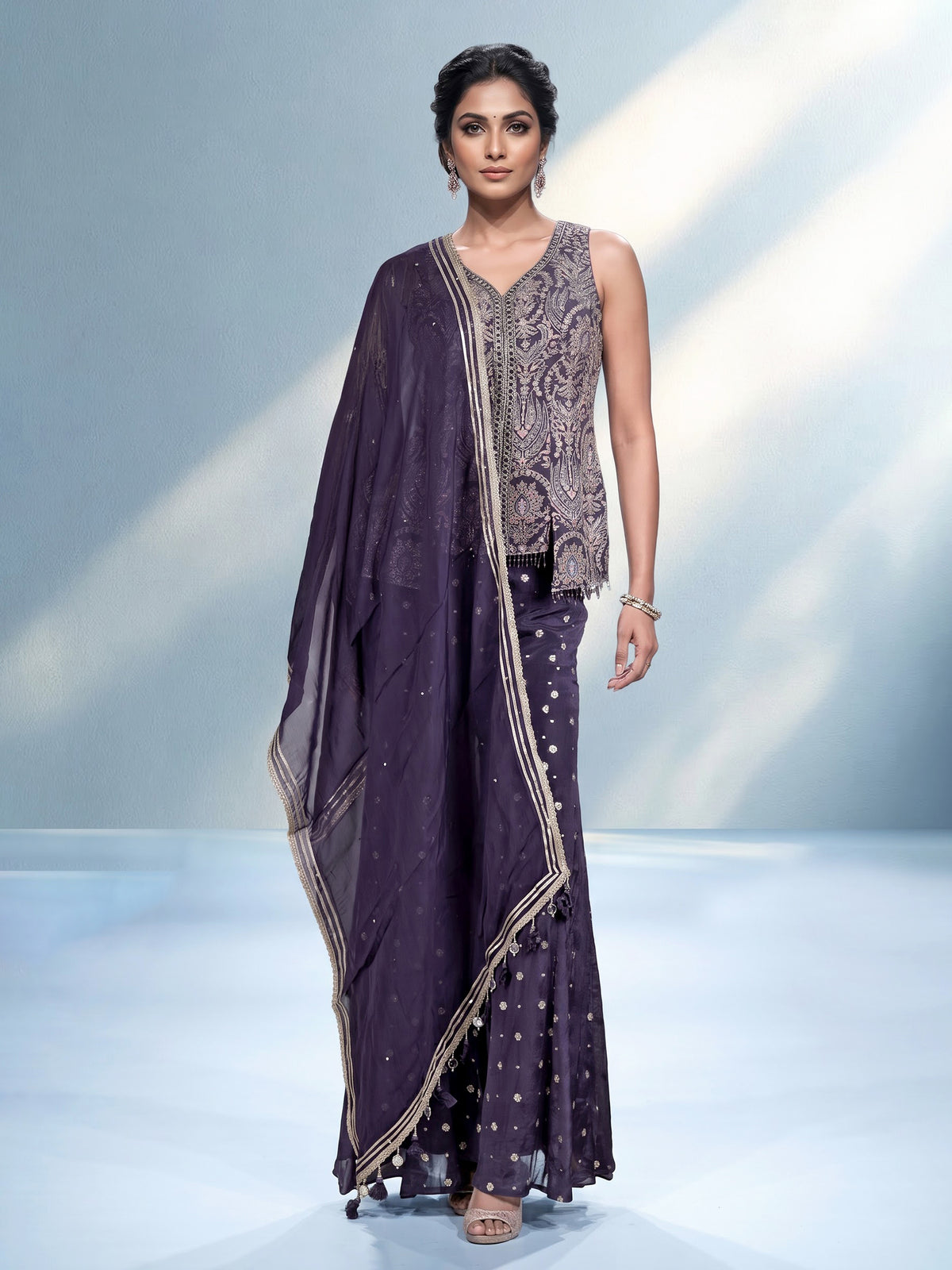 Violet purple designer georgette silk palazzo suit with aabla detailing