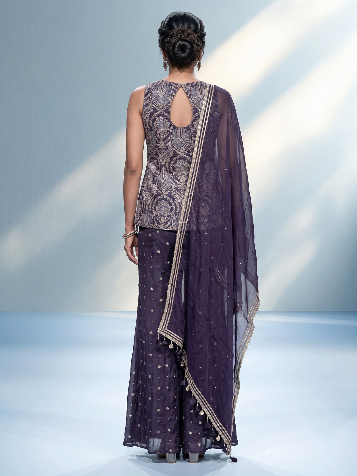 Violet purple designer georgette silk palazzo suit with aabla detailing