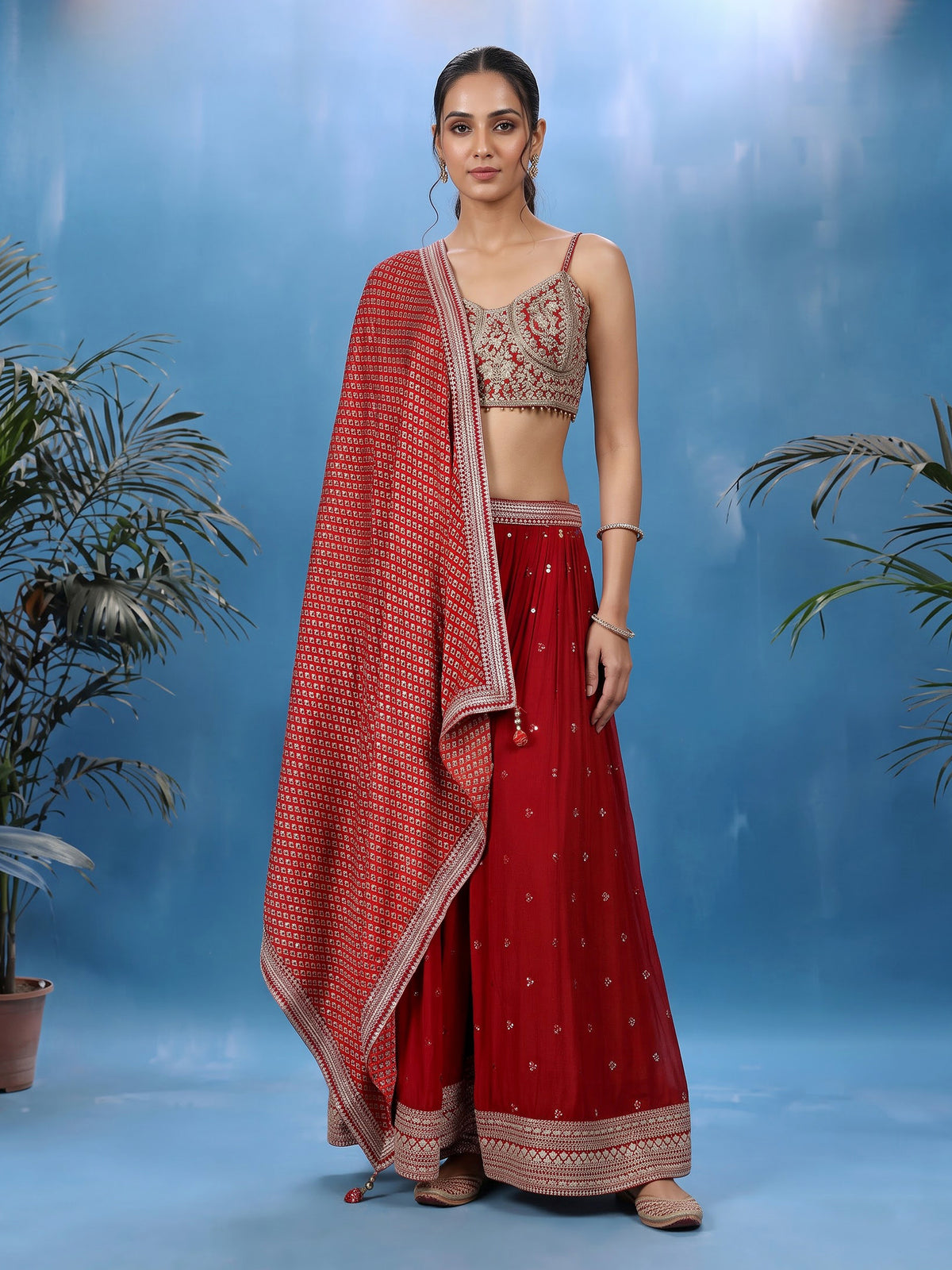 Maroon chiffon georgette palazzo suit with cutdana and tassel detailing