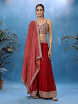 Maroon chiffon georgette palazzo suit with cutdana and tassel detailing