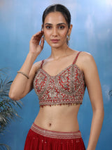 Maroon chiffon georgette palazzo suit with cutdana and tassel detailing