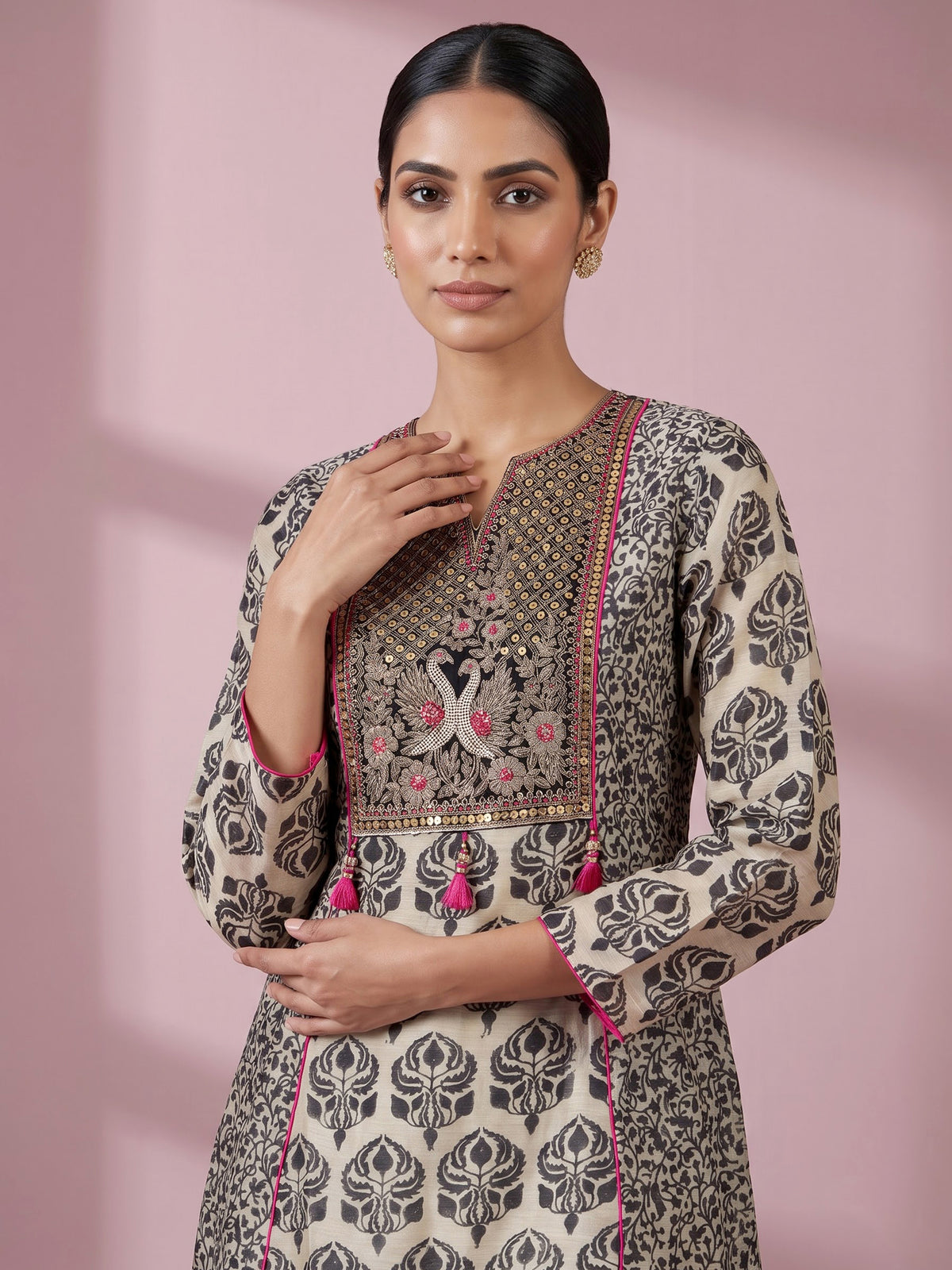 Black printed silk palazzo suit with zardosi embellished sweetheart yoke