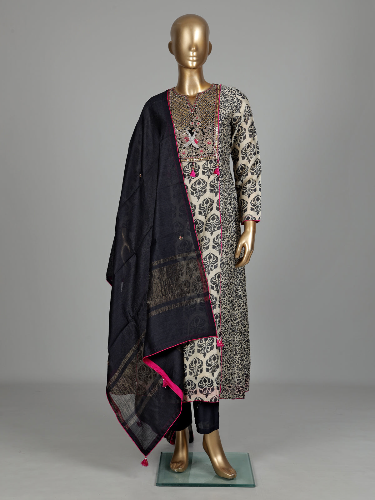 Black printed silk palazzo suit with zardosi embellished sweetheart yoke