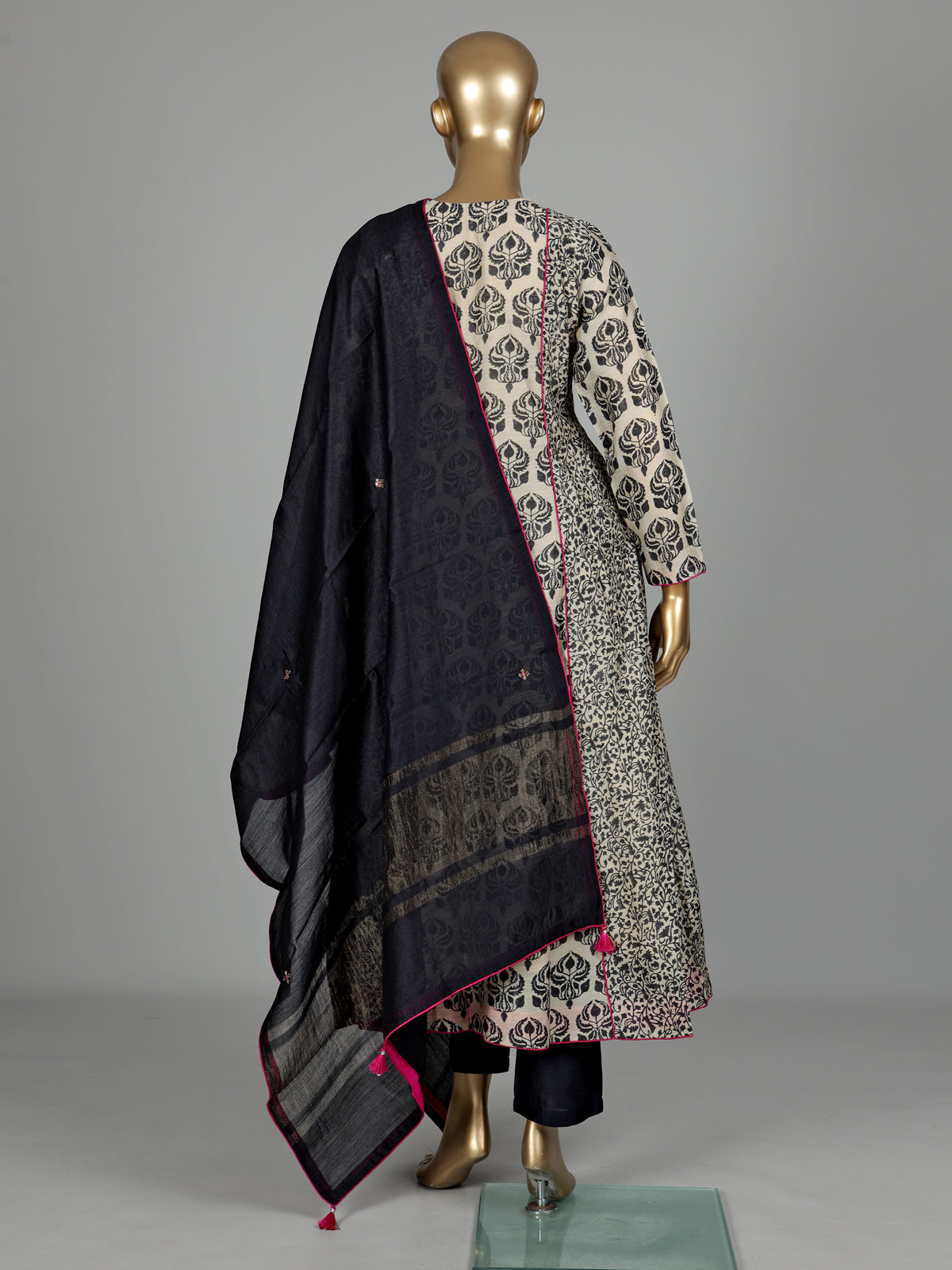 Black printed silk palazzo suit with zardosi embellished sweetheart yoke