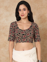 Black printed round neck elbow sleeve lycra blouse design