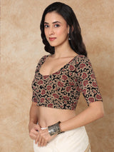 Black printed round neck elbow sleeve lycra blouse design