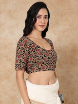 Black printed round neck elbow sleeve lycra blouse design
