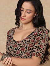 Black printed round neck elbow sleeve lycra blouse design