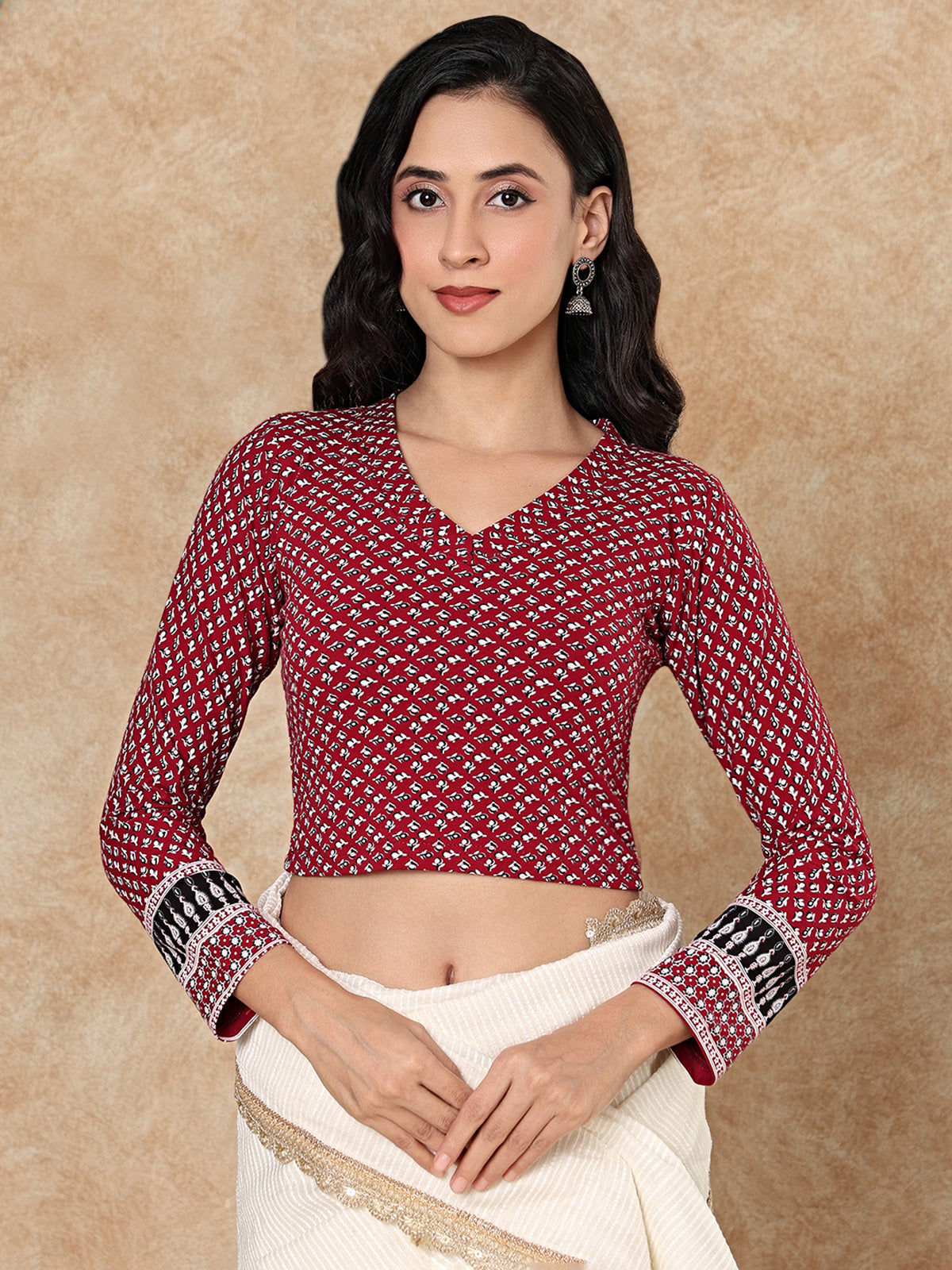 Maroon printed V neck full sleeve lycra blouse design