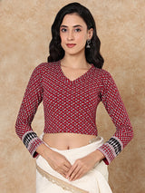 Maroon printed V neck full sleeve lycra blouse design