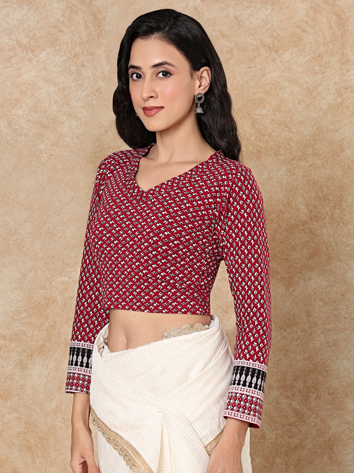 Maroon printed V neck full sleeve lycra blouse design