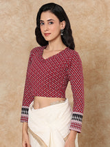 Maroon printed V neck full sleeve lycra blouse design