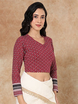 Maroon printed V neck full sleeve lycra blouse design