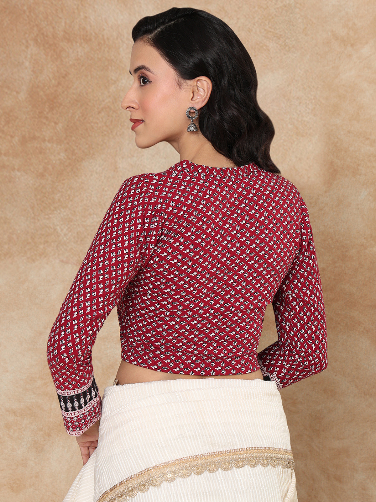 Maroon printed V neck full sleeve lycra blouse design