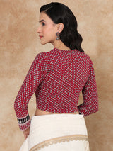 Maroon printed V neck full sleeve lycra blouse design