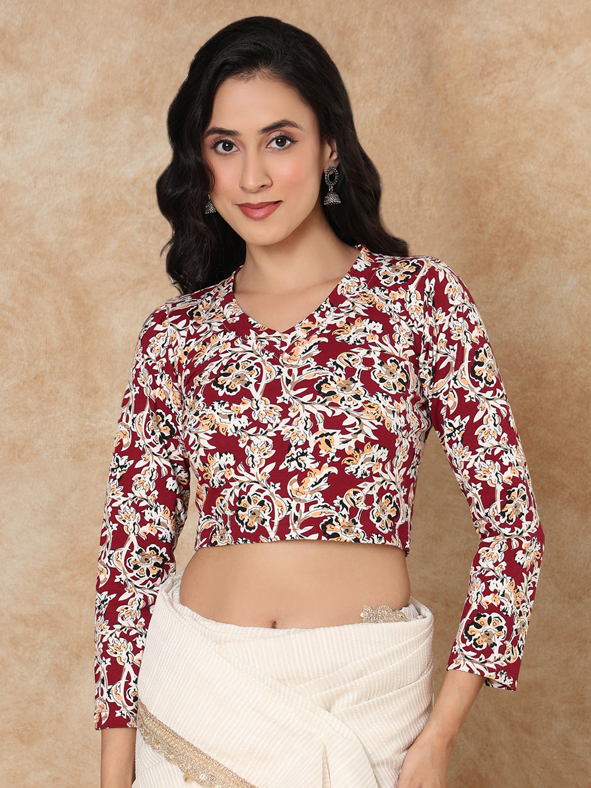 Multicolor printed V neck full sleeve lycra blouse design