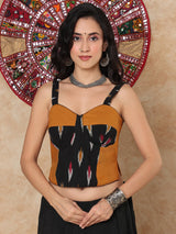 Black printed sweetheart sleeveless cotton blouse with back opening