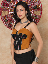 Black printed sweetheart sleeveless cotton blouse with back opening