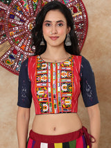 Red thread mirror work boat neck cotton blouse with sleeves