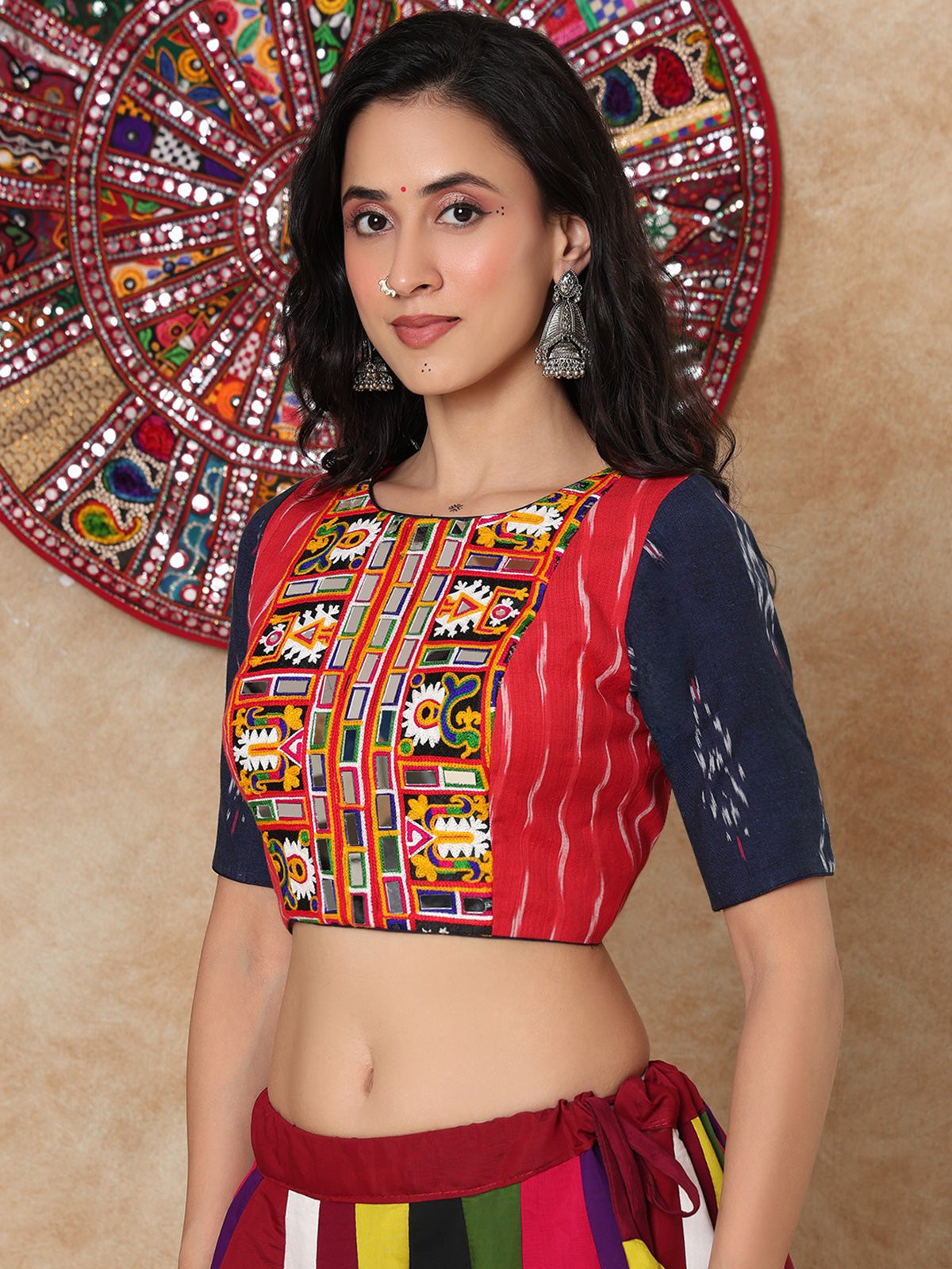 Red thread mirror work boat neck cotton blouse with sleeves