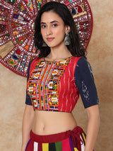 Red thread mirror work boat neck cotton blouse with sleeves