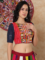 Red thread mirror work boat neck cotton blouse with sleeves